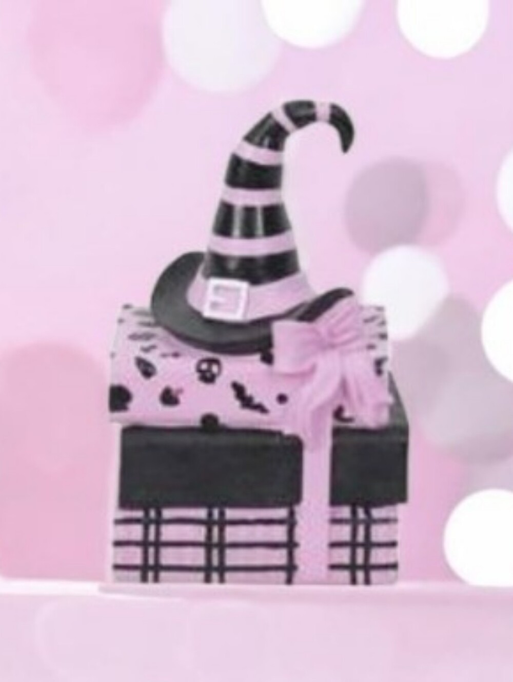 Summerween Pink & Black Witches Hat on Stack of Spell Books Halloween